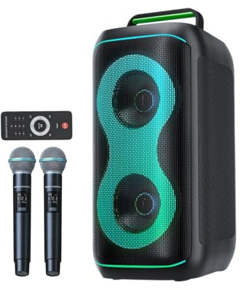 GKD61 Karaoke Machine for Adults with 2 Wireless UHF Microphones, 400W Peak Power Karaoke System with Dual 6.5'' Subwoofers, Portable Party Bluetooth Speaker with RC, Bass & Treble Control for Outdoor