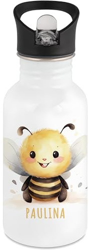 DEL MÀ Unique & Personal Edelstahl Trinkflasche Kinder personalisiert mit Namen Biene Flasche mit Strohhalm Wasserflasche für Schule Kindergarten 500 ml