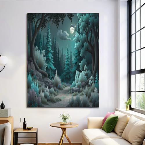 GDJSMIN 3D Wandbild - 60×90 Cm Deko Für Wohnzimmer In Blaugrün, Wanddeko,Kiefernwaldlandschaft Im Mondschein,Leinwandbild Flur Dekoration,Fantasy-Waldstil