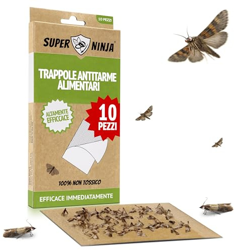 Super Ninja Trappole Antitarme Alimentari per Cucina e Dispensa, 10 Pezzi | Anti Farfalline del Cibo con Feromoni, Cattura Farfalline, Superficie Ultra Adesiva, Dorso Autoadesivo, Senza Odore