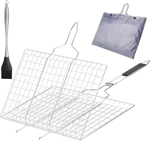 BBQ Grill Basket – Stainless Steel Barbecue Grilling Basket, 32x22cm Portable Vegetable Grill Basket with Handle & Basting Brush for BBQ Fish, Meat, Steak, Vegetables, Outdoor Cooking Accessories