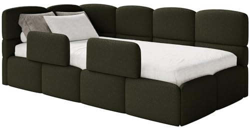 Selsey Jugendbett 120x200cm Olivgrün Bouclé Stoff mit Matratze und Lattenrost, Polsterbett mit Stauraum und Bettkasten, Kinderbett mit 2 Schutzbarrieren, Jugendbett linksseitig