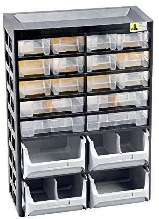 Allit 458160 Kleinteiledepot, schwarz, gelb, 16 Schübe, 4 Boxen, 14 Trenner