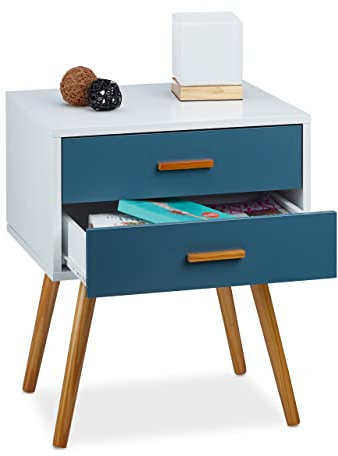 Relaxdays Beistellschrank Skandinavisches Design, 2 Schubladen, Retro HBT: 58 x 41 x 48 cm, matt lackiert, türkis weiß