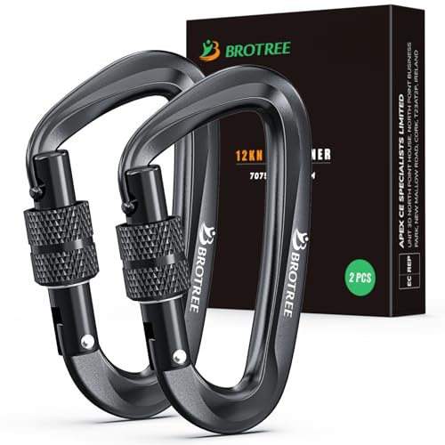 BROTREE Locking Carabiner Clips 12KN (1200 kg) Heavy Duty Carabiners for Hammock, Camping, Hiking, Backpack and More (2 or 4 Packs)