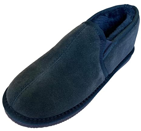 Deluxe Men's 'Sam' Sheepskin Slippers with Lightweight Hard Sole (6, Navy)