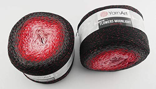 YarnArt Flowers 500 Gramm Bobbel Wolle mit Glitzer und Farbverlauf, 53% Baumwolle, Bobble Strickwolle Mehrfarbig 1000m (schwarz grau rot 3282)