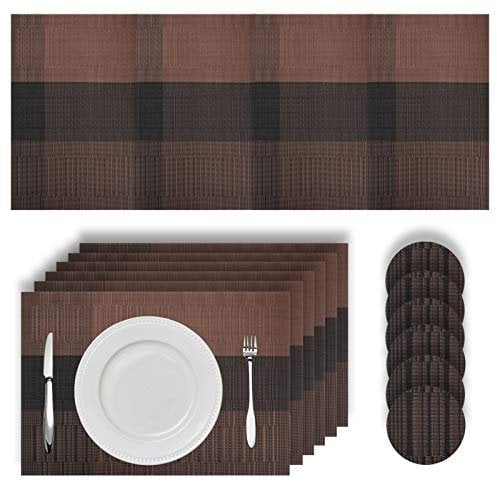 HEYOMART Placemats Table Mats 13 Piece Set with 6 x Placemats + 6 x Coasters + 1 x Long Table Mat Anti Slip Place Mats and Coaster Sets for Home & Restaurant, Coffee
