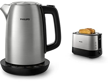Philips HD9359/90 Wasserkocher aus Edelstahl für Tee bis Babynahrung (2200 Watt, 1,7 Liter, Warmhaltefunktion) & HD2637/91 Toaster, Kunststoff, Schwarz/Edelstahl