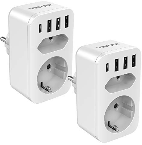 VINTAR USB Steckdose 2pc, Mehrfachstecker (4000W) mit 3 USB ladegerät (2.4A) und 1 Typ-C Port (3A), Steckdose mit USB, 6-in-1 Steckdosenadapter, Mehrfachsteckdose USB mit Kindersicherung