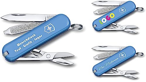 Victorinox Couteau de Poche Classique SD avec Demande Impression sur Coque I Cadeau pour Hommes Femmes I Cadeaux pour Anniversaire I Suisse Personnalisé 7 Fonctions 0.6223 - Bleu