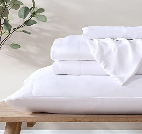 Ethos Natura 100% Eukalyptus zertifiziertes Tencel/Lyocell Satin Bettlaken-Set, Fadenzahl 400, seidig glatte Kühlblätter für alle Jahreszeiten, nachhaltig hergestellt, hypoallergen – voll, weiß