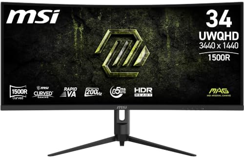 MSI mag 342CQRF E20 - Pantalla Curvada para Juegos (34, UWQHD) | Dalle Rapid VA 1500R 3440 x 1440, 200 Hz / 0,5 ms, DP 1.4a, HDMI 2.0b CEC, FreeSync Premium