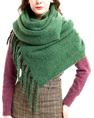 Schal Damen Winter Frühling,Dicke Lange Schals mit Quasten,Weiche übergroßer Poncho Damen Schultertuch,Bunt Kariert Schal für Damen Tücher,Einfarbiger Schal Grün xxl