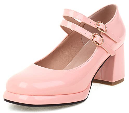 Lizoleor Mary Jane Donna Tacco Largo Plateau Punta Rotonda Decollete con Cinturino alla Caviglia Matrimonio Festa Eleganti Moda Pianta Larga Vernice Scarpe Rosa Numero 41 EU/43CN