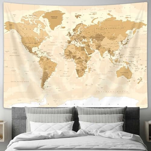 Drgilau Alte Weltkarte Tapisserie Wandbehang, Vintage Asien Europa Südstadt Topographie Amerika Afrika Japan Wanddekoration Wandteppiche Weltkarte Wandkunst für Schlafzimmer Wohnzimmer Home Office