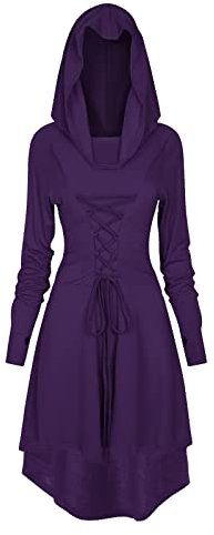 FSUJWOA Robe Medievale Femme, Costumes Renaissance Capuche avec Lacets Vintage Pull Hoodie Gothique (Violet, 2XL)