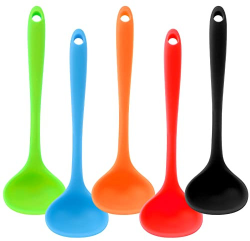 Lot de 5 louches en silicone pour la cuisine – Petites louches à soupe résistantes à la chaleur – Cuillères de cuisine et de service pour soupe, sauce, chili, sauce, versement (5 couleurs)