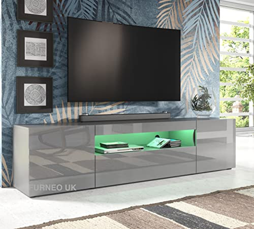 Furneo Clifton 08G – 200 cm Grey TV Stand Unit, High Gloss & Matt Finish, RGB (Multicoloured) LED Lights