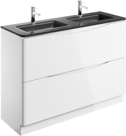 Eaton White Floor Standing Vanity Unit Includes Grey Double Glass Basin Bathroom Furniture Storage Unit 1200mm
