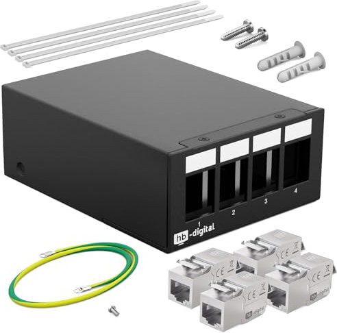 HB-DIGITAL Panneau de brassage 4 ports 1 HE 4 x CAT 6a RJ45 Module Keystone Jack - Certifié GHMT - Entièrement blindé STP 10 Gbps - Compatible avec les câbles de pose - Câble réseau LAN - Noir