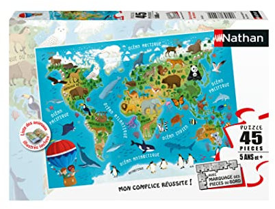 Puzzles Nathan - 45-teiliges Puzzle - Weltkarte der Tiere Kinder, 4005556861743