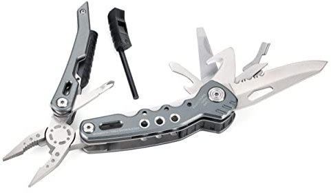 Troika Fire Tool 14 - TOL45/GY - Multifunktions-Werkzeug mit 14 Funktionen für Outdoor & Survivaltrips – sogar mit Pfeife und Feuerstahl – 420 Edelstahl, Aluminium – grau