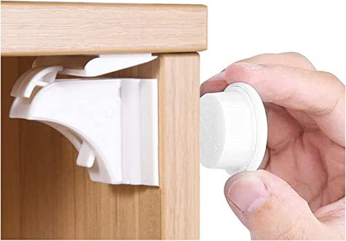 4 Invisible Magnetic Baby Child Pet Proof Cupboard Door Drawer Safety Proofing Lock Catch Magnet Key Lock Children Child Baby Cabinet No Screws or Drilling