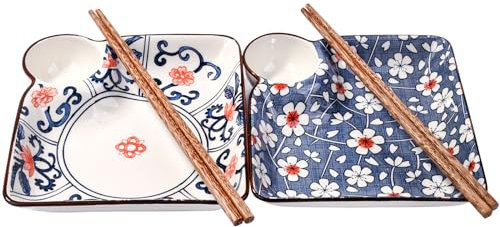 Swlthwen Japanese Style Sushi Dumpling Plate and Chopstick Set of 2 Ceramic 7.1 Inch Gyoza Plates Snack Plate with Vinegar Dish (color B)