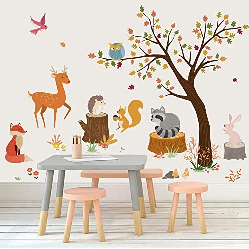 Runtoo Wandtattoo Waldtiere Dschungeltiere Wandsticker Baum Fuchs Hirsch Eule Wandaufkleber Kinderzimmer Babyzimmer Mädchen Junge Wanddeko