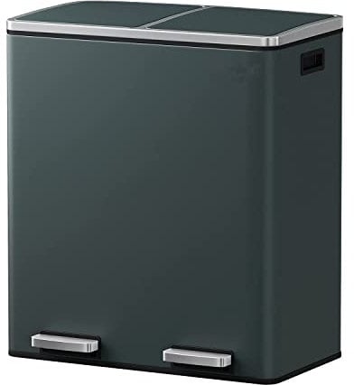 EVRE 60 L Kitchen Waste Rubbish Recycling Soft Close Bin 2 x 30 Litre Double Compartment Separation with Removable Plastic Buckets, Odour Seal, Smudge & Fingerprint Resistant (Grey)