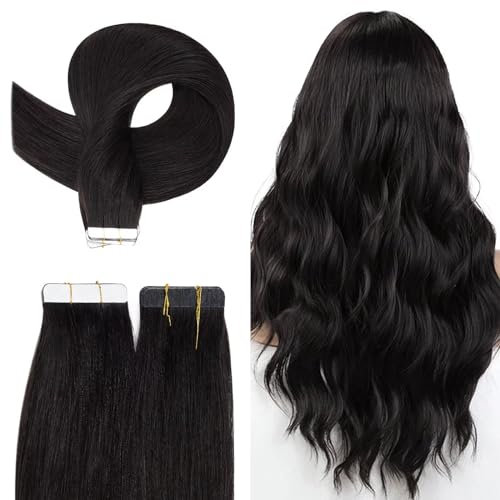 TESS Tape Extensions Echthaar 45 cm, Schwarz Tape Klebeband Haarverlängerung 20 pcs Glatt Naturschwarz Remy Tape in Hair Extensions für Haarverdichtung (20pcs-30g)