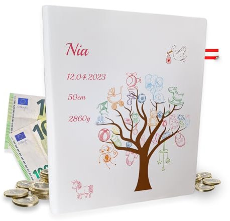 Spardose personalisiert Geburt Mädchen - Geldgeschenk zur Geburt - Sparbuch für Baby - Geld Geschenk werdende Mutter Vater - personalisierbare Sparbüchse - aus Österreich (Rosa)