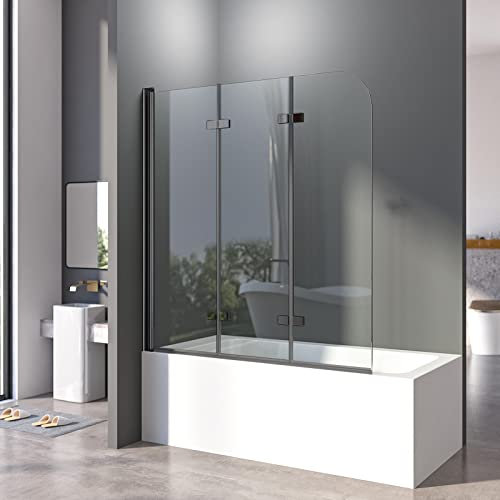 Duschwand für Badewanne Faltbar 3-teilig 130 x 140 cm Badewannenaufsatz Duschtrennwand 6mm ESG Glas Nano Beschichtung Duschtrennwand (Schwarz)