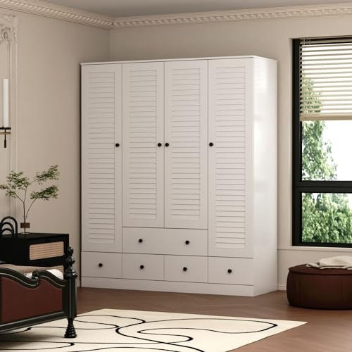 MOUMON Kleiderschrank mit 4 Rollladentüren, Regalen und Schubladen, Schrank mit 2 Kleiderstangen, für Schlafzimmer, Weiß, 150 cm B x 48 cm T x 180 cm H