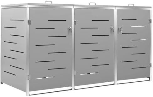 vidaXL Triple Wheelie Bin Shed - Stainless Steel Frame and Galvanized Steel Panel - Anti-Rust & Lockable - Grey, 207x77.5x115 cm