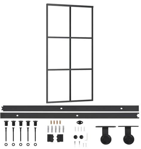 vidaXL Aluminium Framed Sliding Door with ESG Glass and Hardware Set - Transparent and Black, 102x205 cm, Soft Stop for Smooth Opening/Closing