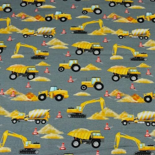 Textrend Jersey Stoff Meterware Kinder - 100% Baumwolle - Stoff zum Nähen - Textilien 1x1.6m - Entwürfe für Kinder (Bauarbeiten auf dunkelgrauen Fahrbahnen)