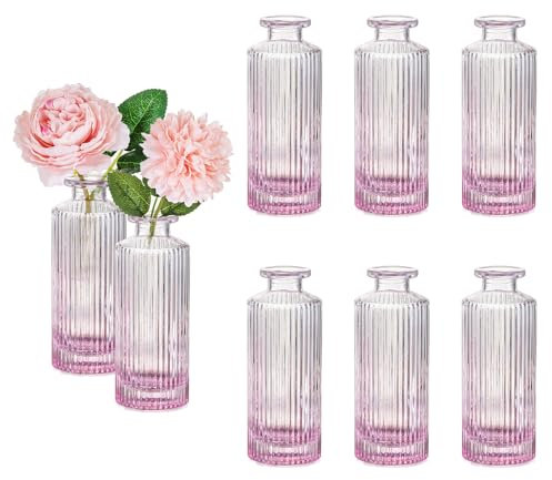 Hewory Kleine Vasen für Tischdeko: Hewory 8er Vintage Rosa Vase Glas Kleine Glasvase Vasen Klein Tischdeko Gerippt Vase für Eine Rose, Blumenvasen Glas für Hochzeit Wohnzimmer