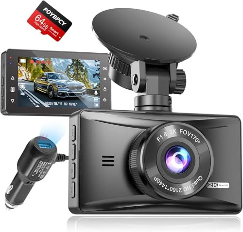 Dashcam Frontal 2K, Dash CAM Coche QHD, Camara Vigilancia Coche con Tarjeta SD de 64 G, Pantalla IPS de 3, Visión Nocturna, WDR, Gran Angular de 170°, Grabación en Bucle, Sensor G
