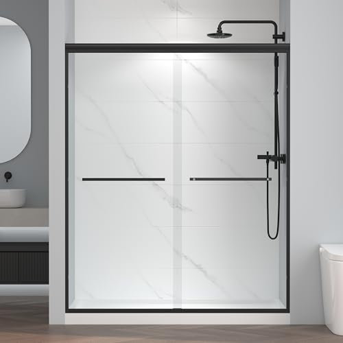 ENSO SENKA 56-60 W x 72 H Semi-Frameless Bypass Sliding Shower Door, Easy-to-Clean Treated Clear Tempered Glass, Matte Black