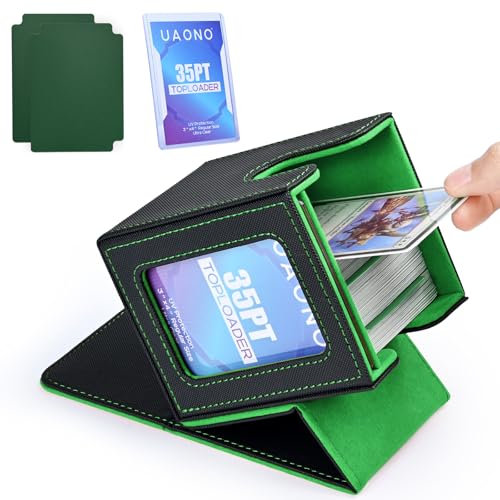 UAONO Card Deck Box mit MTG Commander Display, Deck Case Hält 100+ Doppelhülse Karten, Sammelkarten Aufbewahrungsbox passt TCG/PTCG/Sportkarte mit 2 Trennwänden, 1 Toploader (Schwarz, Dunkelgrün)