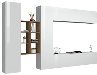 möbelando Wohnwand >Benevent< 5-teilig, aus melaminharzbeschichteter Spanplatte, in Weiß Hochglanz bestehend aus 2 Schränken, 1 TV-Lowboard, 1 Klapphängeschrank, 1 Hängeregal- 320x180x30 (BxHxT)