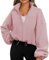 Famulily Frühling Pullover Sweatshirts für Damen Langarm Übergröße Basic Full Zip Fleece Kurz Jacke Loose Fit Outwear Tunika Hoodies Rosa XL