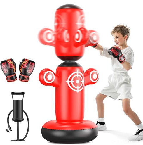 QPAU Rotatif à 360° Punching Ball pour Enfants, 162,6 cm Gonflable Sac de Frappe pour Enfant 6-14, Sac de Boxe Set pour Pratique du Karaté, Taekwondo (‎Rouge)