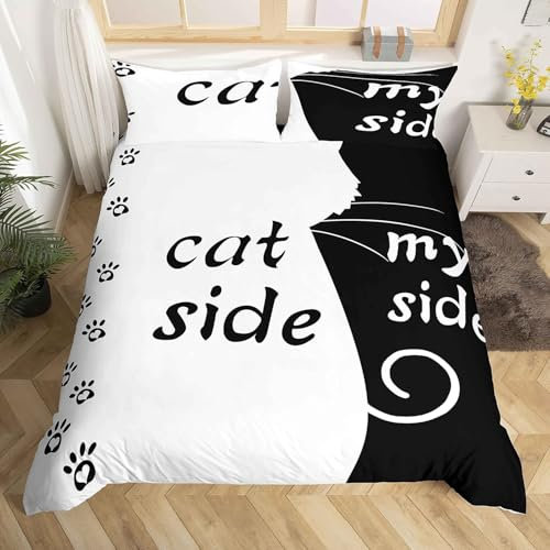 Homemissing Chat Side & My Side imprimé Housse de Couette Couple Sets de Housse de Couette Noir et Blanc Mignon Chat Motif Housse de Couette 240x260cm Parure de Lit pour Garçon Fille Enfants