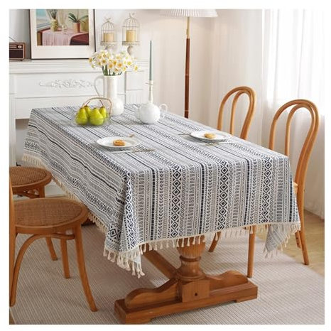 Tablecloth Blau, Baumwolle Abwaschbare Tischdecke Streifen Geometrisch Mit Quaste Tischtuch Quadrat 60x60CM