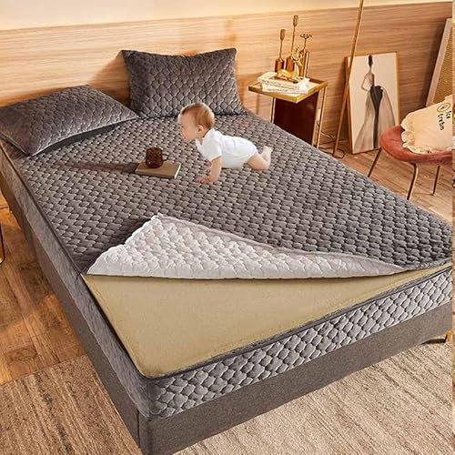 HLTQL Coprimaterasso con Cerniera Velluto Spesso Fodera Materasso Matrimoniale/Singolo Copri Proteggi Materasso Topper Trapuntato A Sei Lati Lavabile Imbottito Lenzuolo(A1,2 Pillowcases)
