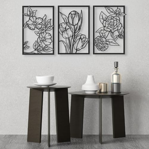 QUMENEY 3 Pcs Black Metal Flower Wall Decor Wall Ornaments Floral | Art Line Hanging Iron Wall Sculpture for Home Bedroom Office Kitchen Living Room