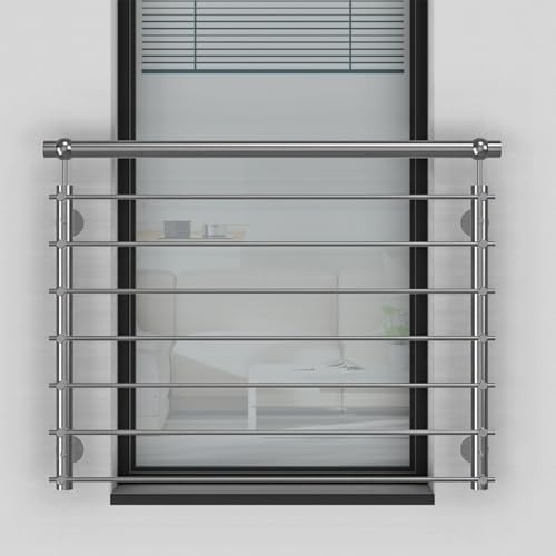 Edelstahl V2A Französischer Balkon, Querstabgeländer, Außenbefestigung mit Handlauf. Verschiedene Größen: 100x90 cm bis 185x90 cm. Inkl. Montageset (Holzständerbauweise Montageset, 128 x 90 cm)